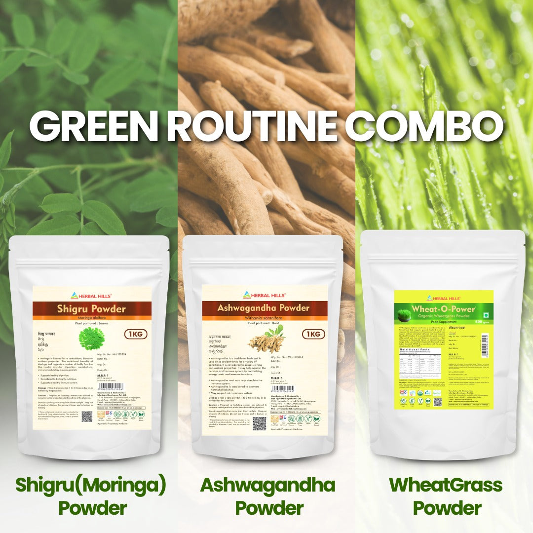 Green Routine Combo – Ashwagandha + Wheatgrass + Moringa Powder